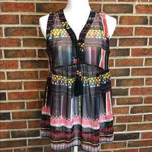 Allen B. Sheer Aztec Print Sleeveless Top Size XS